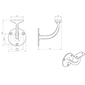 Lightweight Handrail Bannister Bracket 72mm Projection Polished Brass