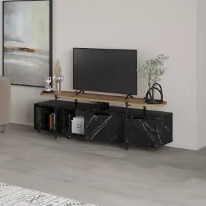 Decortie Hanley Modern TV Unit Multimedia Centre Black Marble Effect Oak Effect With Storage TV Cabinet 160cm