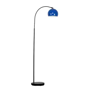 ValueLights Designer Style Black Stem Floor Lamp With Navy Blue Arco Style Metal Dome Light Shade With LED GLS Bulb in Warm White