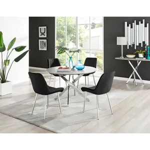 Tierra Modern Chrome Metal & Glass Round Dining Table Set with 4 Luxury Velvet Dining Chairs Silver / Black/Silver / 75 x 120 x 120cm