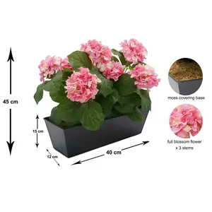 GreenBrokers Artificial Pink Hydrangea Flower in Black Tin Window Box (45cm)