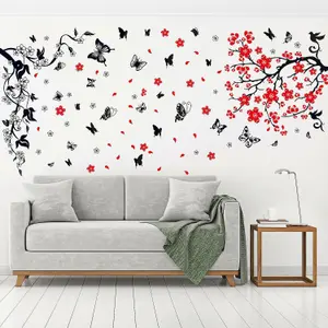 Walplus Blossom Flower with Butterfly Wall Sticker Art Decoration Decal DIY Black, Red PVC