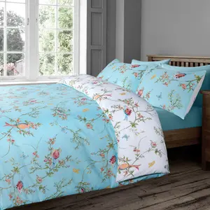 Rasheema Duvet Set Duck Egg/White / Delicate Birds Floral / Super King - 3 Standard Pillowcases