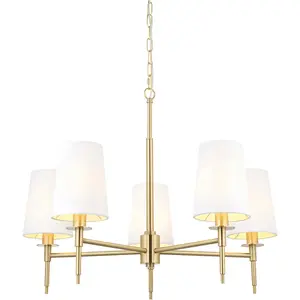 Multi Arm Hanging Ceiling Pendant Light - Satin Brass Plate & Vintage White Fabric Shade - 5 x 6W LED E14