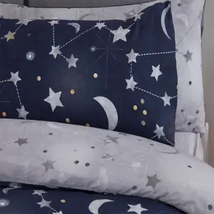 Dreamscene Moon Stars Galaxy Duvet Cover with Pillowcase Bedding Set Navy Grey - Double