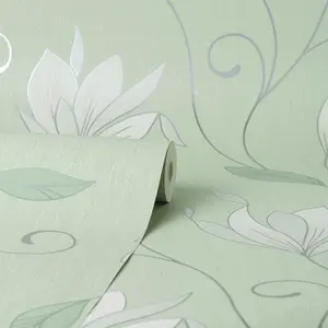 Crown Synergy Floral Green Wallpaper Glitter Silver Modern Feature Wall Vinyl