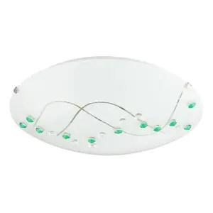 Contemporary Round Opal Glass Ceiling Light with Green and Clear Crystal Buttons