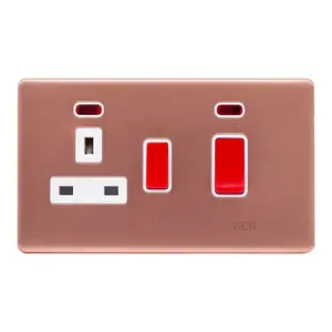 Brushed Copper Screwless Plate 45A Cooker Control Unit & Neon-White Trim - White Trim - SE Home