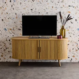 sweeek. 120cm scandi-style TV unit with grooved wooden-effect sliding doors Legacy Natural 120x40x57 cm