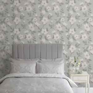 Laura Ashley Fleurir Smoke green Floral Smooth Wallpaper Sample