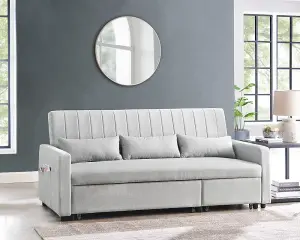 Devon 3 Seater Storage Chaise Pull Out Fabric Grey Linen Sofa bed