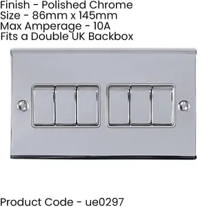 6 Gang Multi Light Switch POLISHED CHROME 2 Way 10A GREY Trim & Metal Rocker