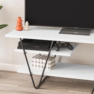 FWStyle TV Unit 3 Tier Matt White Scratch Resistant Modern Black Metal Frame