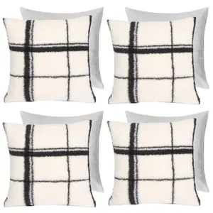 Check Teddy Fleece Cushion Covers 4 x Filled Home Decor Soft, Mono - 45 x 45cm