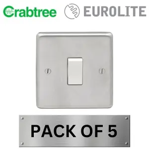 Light Switch 1 Gang 10A 2 Way - Round Edge Satin Stainless Steel Plate with White Rocker (5 Pack) Crabtree Insert