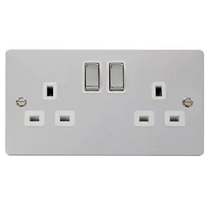 Flat Plate Polished Chrome 2 Gang 13A DP Ingot Twin Double Switched Plug Socket - White Trim - SE Home