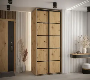 Cannes IV Elegant Oak Artisan Sliding Door Wardrobe 1200mm H2050mm D600mm with Black Steel Handles and Decorative Strips