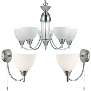 5 Lamp Ceiling & 2x Wall Light Pack Satin Chrome Glass Matching Indoor Fittings