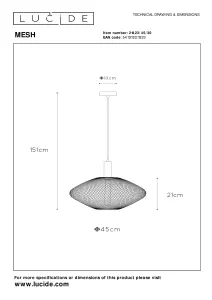 Lucide Mesh Modern Pendant Light 45cm - 1xE27 - Black