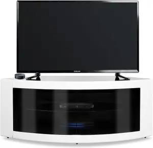 Homeology PANGEA Gloss White Curved Tru-Corner Black Beam-Thru Doors up to 50" TV Cabinet