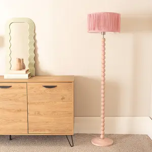 ValueLights Bobbins Painted Rose Floor Lamp with Ruched Pleated Blush Pink Drum Shade