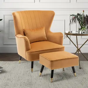 Velvet Gold Camila Accent Wingback Chair with Footstool