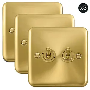 3 PACK - Curved Satin / Brushed Brass 2 Gang 2 Way 10AX Toggle Light Switch - SE Home