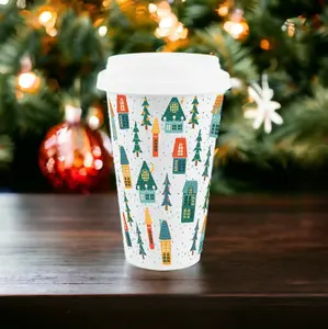 Purely Home Reusable Christmas Houses Ceramic Travel Mug - Insulated Hot/Cold Drinks Mug