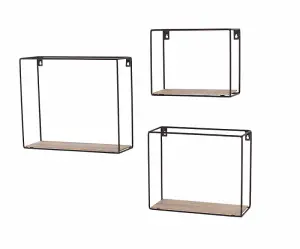 Loft rectangular set of 3 display wall shelf set - black metal and wood effect