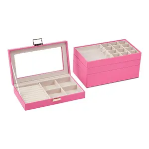 Pink PU Leather and Velvet Lining Elegant Four-Layer Stackable Jewellery Box with Transparent Lid