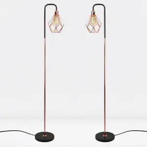 First Choice Lighting Set of 2 Matt Black & Copper Geometric Floor Lamps