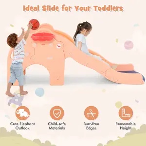 COSTWAY 4-in-1 Toddler Slide w/ Basketball Hoop Kids Play Slide with Cute Elephant Shape