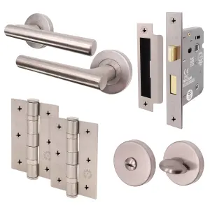 AFIT Satin Nickel Bathroom Door Handle Set - Turn & Release Set, Lock & Hinges (76mm) Olvera Range