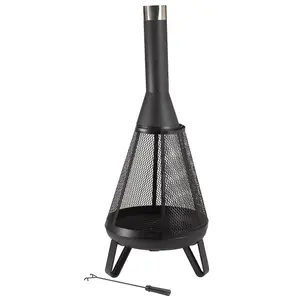 Black Miami Chimenea - Metal Outdoor Garden Patio Log Wood Burner Fire Pit Bowl with Stainless-Steel Flue Cap - Small, H125 x 50cm