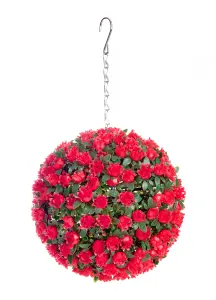 Best Artificial 23cm Red Rose Hanging Basket Flower Topiary Ball - Suitable for Outdoor Use - Weather & Fade Resistant