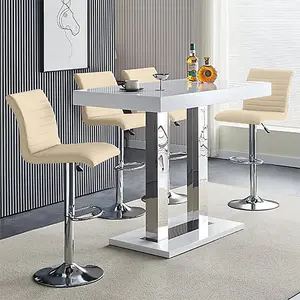 Caprice White High Gloss Bar Table With 4 Ripple Taupe Stools