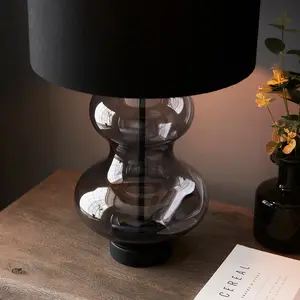 Luminosa Lecce Base & Shade Table Lamp, Grey Tinted Glass, Black Cotton Fabric With Matt Black Paint