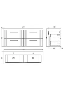 Retro 4 Drawer Wall Hung Vanity Unit with Double Ceramic Basin - 1200mm - Satin White - Balterley