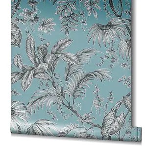 Paste the Wall Soft Teal and Black Botanical Wallpaper