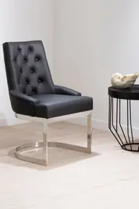 Stylish Black Faux Leather Dining Chair, Button Tufted Lounge Chair, Kitchen Chair, Modern Chair For Patio