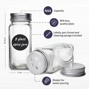 8 Pack 120ml Glass Spice Jars with Lids - Airtight Square Seasoning Jars for Spices, Herbs & Salt