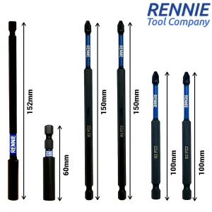 Rennie Tools 6 Piece Extra Long PZ2 Magnetic Impact Screwdriver Bits Set With Impact Bit Holders. 2 PZ2 x 100mm & 150mm