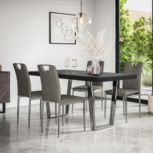 Aria Dining Table And Chairs -  Black Table Top w Chrome Legs + Monza Faux Leather Dining Chair w Chrome Legs Set Of 4 (Grey)