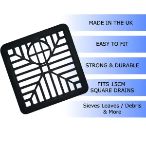 Drain Cover Square Gulley Grid Grate Lid 150mm x 150mm (6 inches) Black