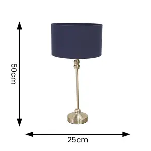 ValueLights Maggie Brushed Chrome Candlestick Table Lamp with Navy Blue Fabric Drum Shade and LED Bulb