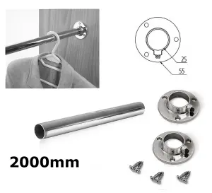 Wardrobe Round Rail Chrome Hanging Rail Free End Supports & Screws - Length 2000mm