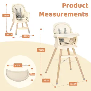 Baby High Chair, 6 in 1 Convertible Wooden High Chair - Cream