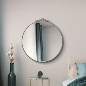 MirrorOutlet Crown - Silver Metal Framed Round Decorative Wall Mirror 39" X 39" (100x100CM)