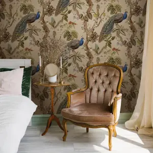 Holden Peacock Woods Tropical Floral Exotic Birds Flowers Taupe Wallpaper