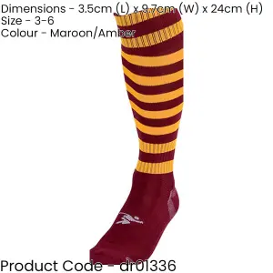 JUNIOR Size 3-6 Hooped Stripe Football Socks - MAROON/AMBER - Contoured Ankle